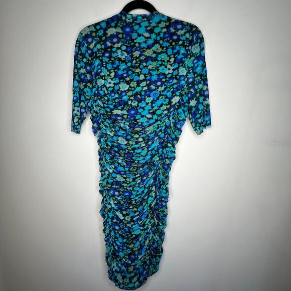 Ganni Azure Blue Floral Ruched Mesh Mini Dress Size Large/42 - Picture 5 of 9